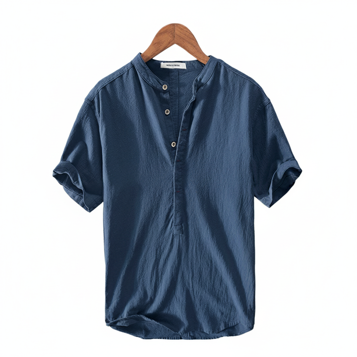 Men's Stand Collar Japanese Ice Silk Linen Short Sleeve T-shirt