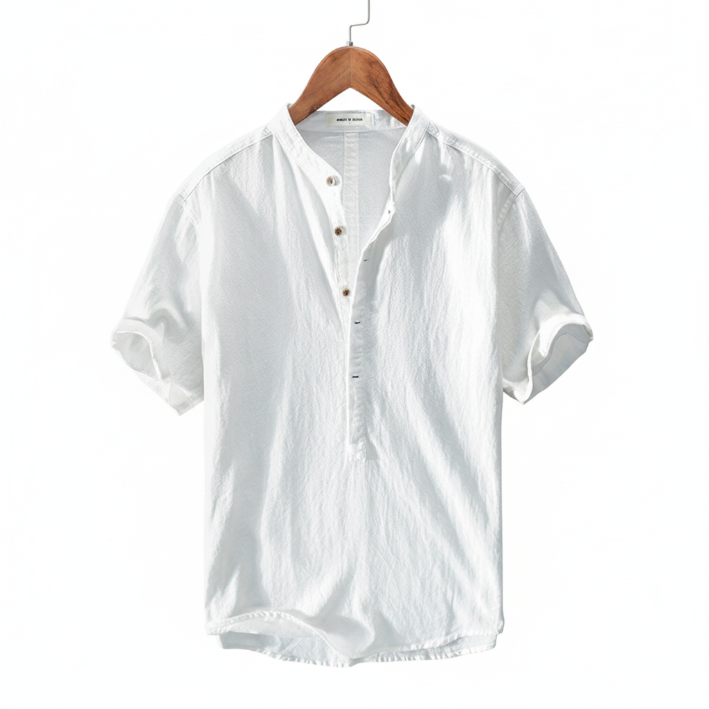Men's Stand Collar Japanese Ice Silk Linen Short Sleeve T-shirt