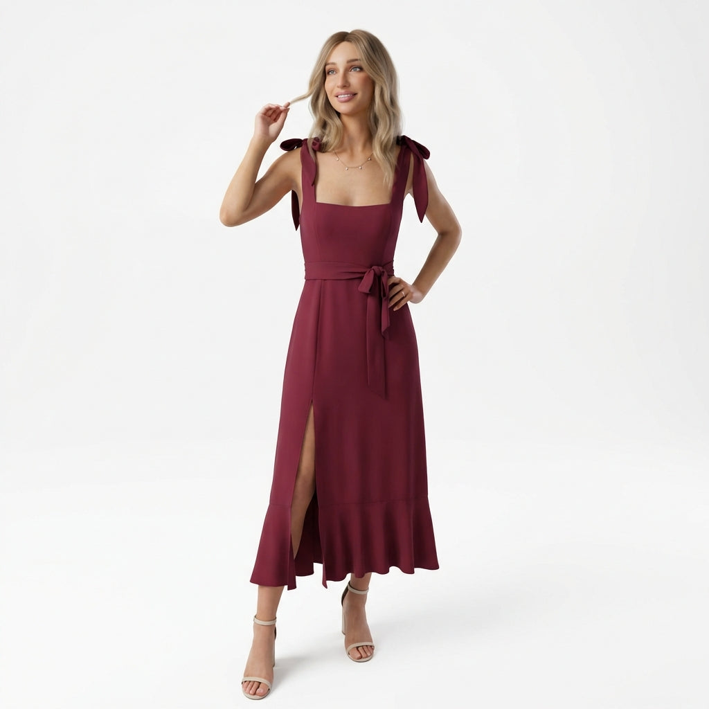 Temperament Suspender Split Dress With Lace-up Design Fashion Summer Ruffled Beach Dresses For Women