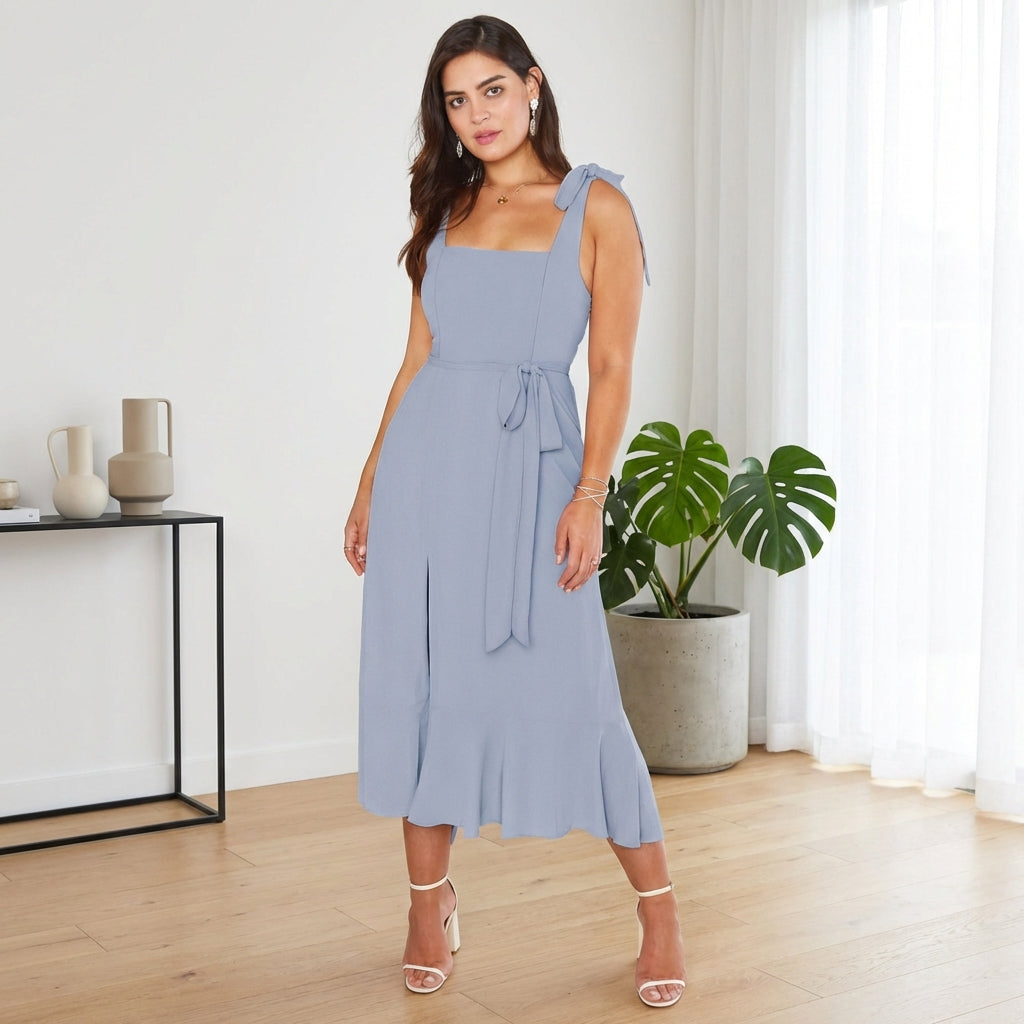 Temperament Suspender Split Dress With Lace-up Design Fashion Summer Ruffled Beach Dresses For Women
