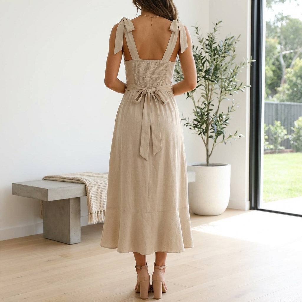 Temperament Suspender Split Dress With Lace-up Design Fashion Summer Ruffled Beach Dresses For Women