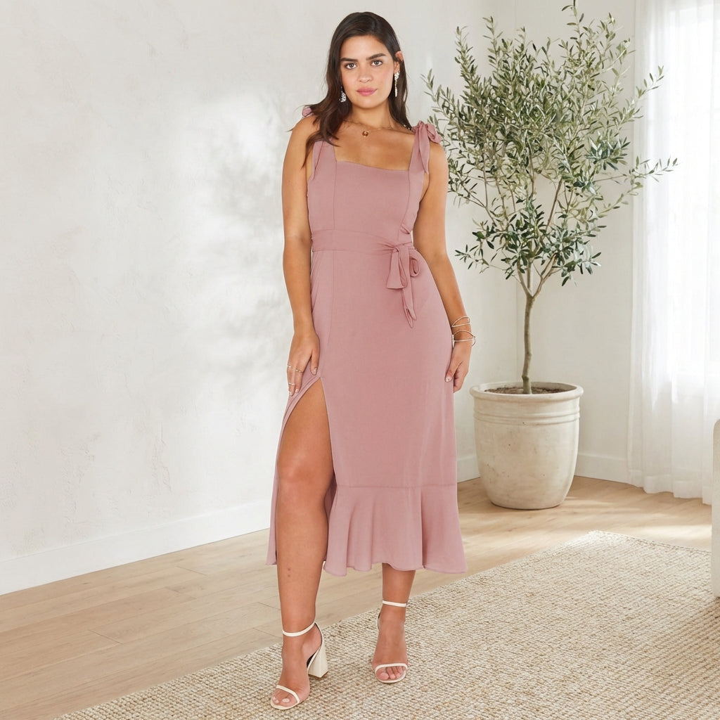 Temperament Suspender Split Dress With Lace-up Design Fashion Summer Ruffled Beach Dresses For Women