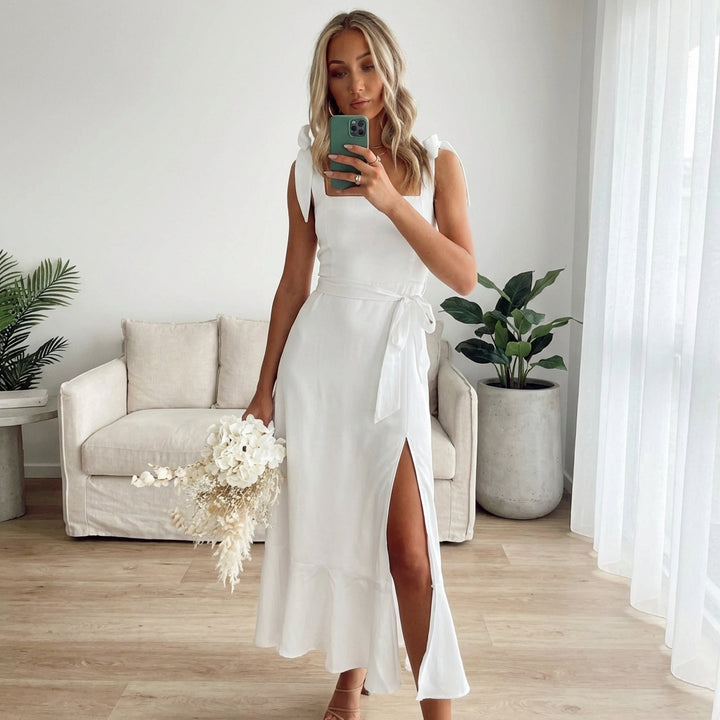 Temperament Suspender Split Dress With Lace-up Design Fashion Summer Ruffled Beach Dresses For Women