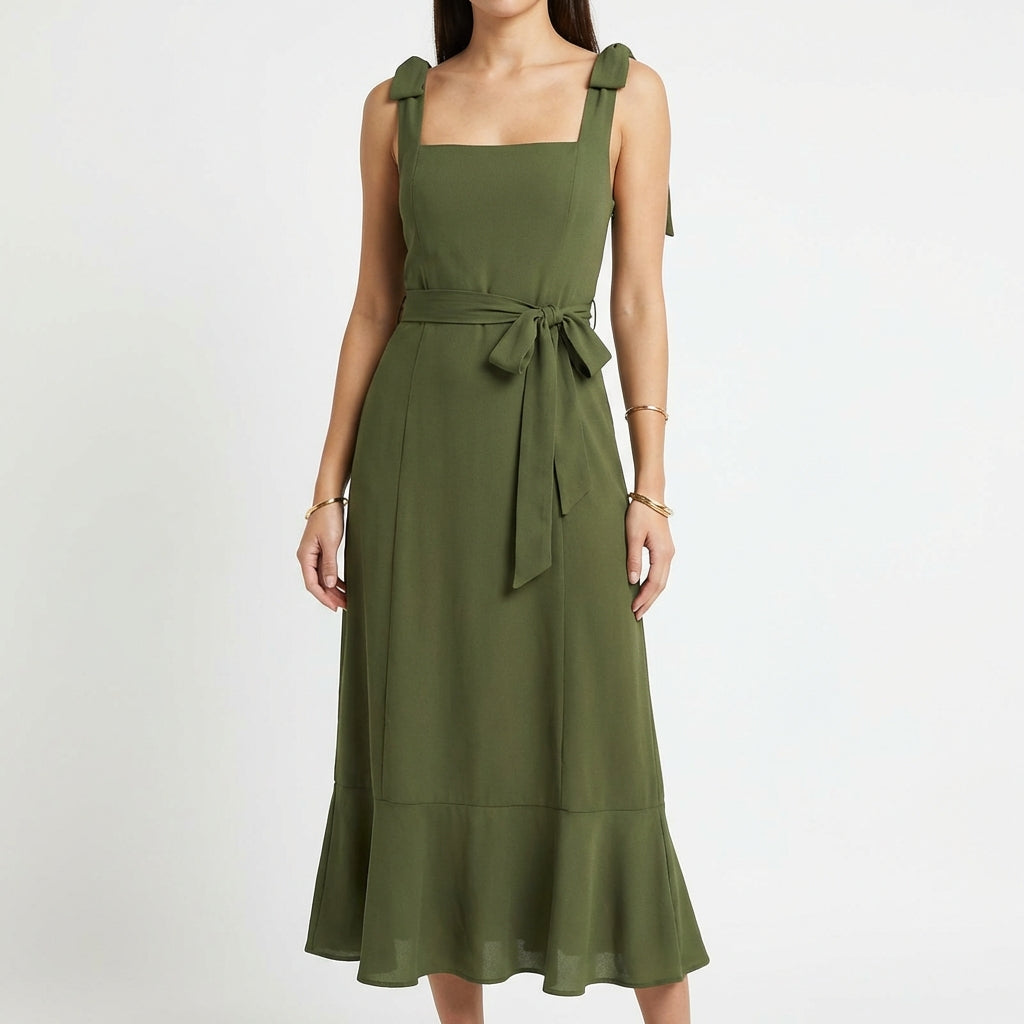 Temperament Suspender Split Dress With Lace-up Design Fashion Summer Ruffled Beach Dresses For Women