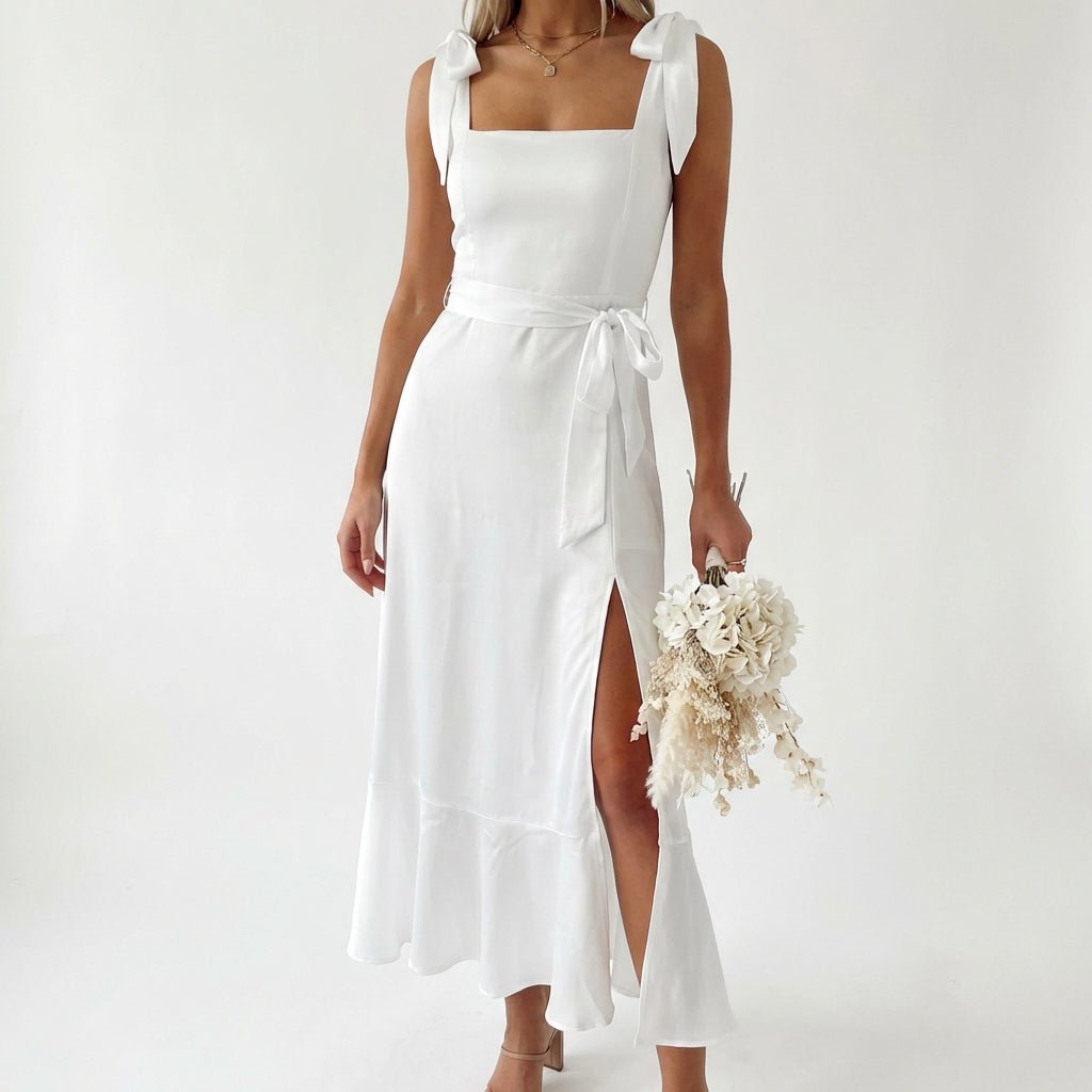 Temperament Suspender Split Dress With Lace-up Design Fashion Summer Ruffled Beach Dresses For Women