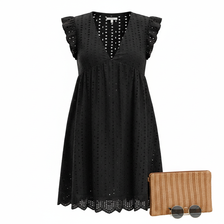 Lace Dresses With Pocket Summer Sleeveless Jacquard Cutout V-Neck Beach Dress