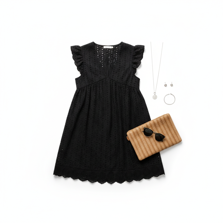 Lace Dresses With Pocket Summer Sleeveless Jacquard Cutout V-Neck Beach Dress