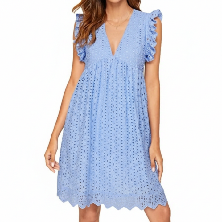 Lace Dresses With Pocket Summer Sleeveless Jacquard Cutout V-Neck Beach Dress