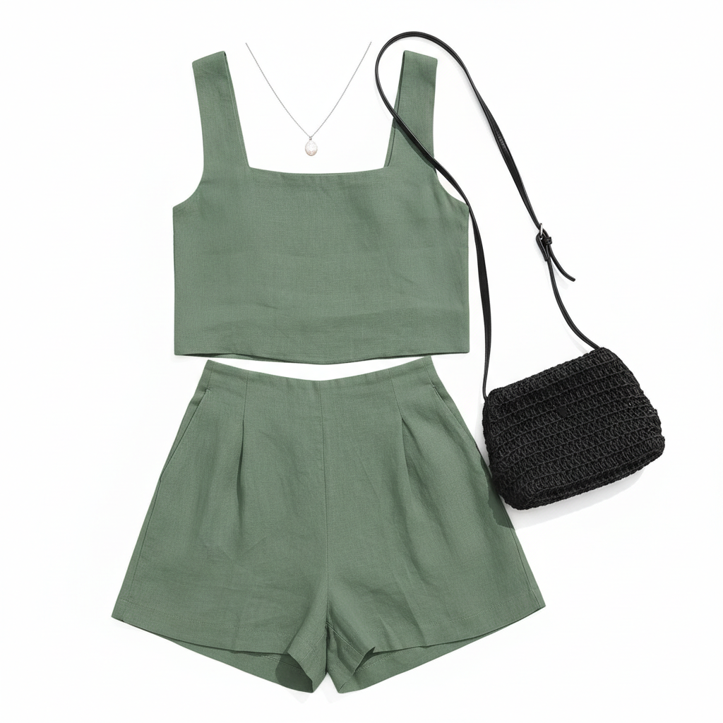 Women's 2-Piece Summer Lounge Set – Square Neck Top & Shorts Outfit