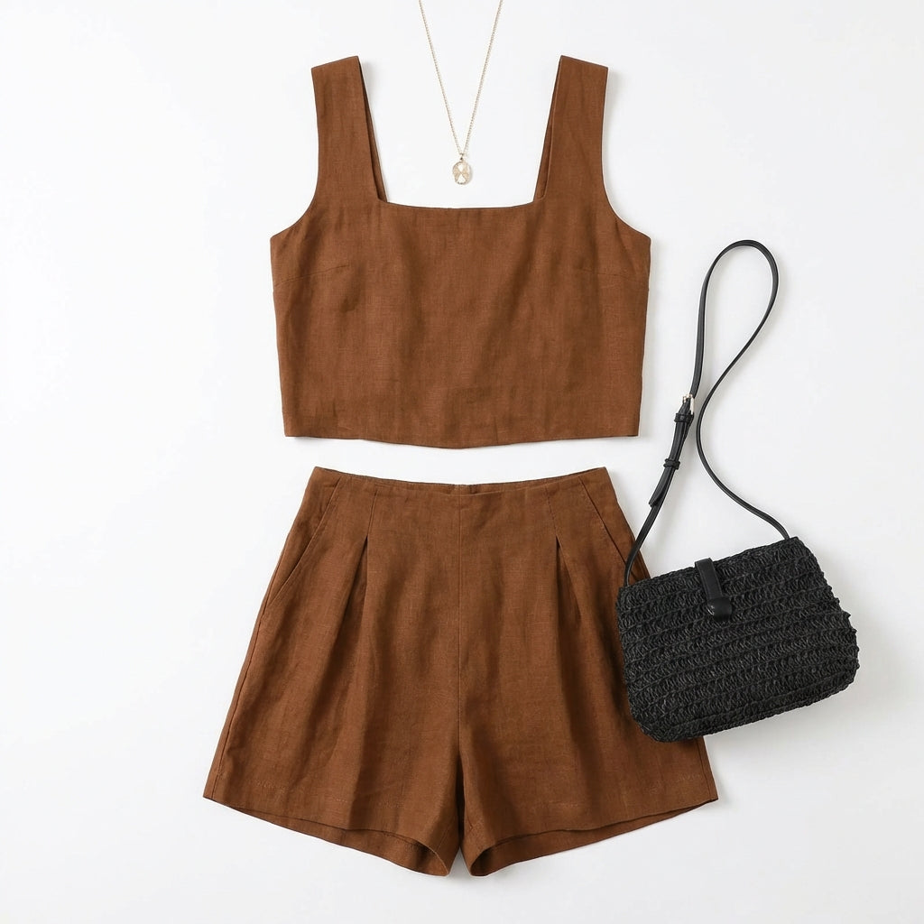 Women's 2-Piece Summer Lounge Set – Square Neck Top & Shorts Outfit