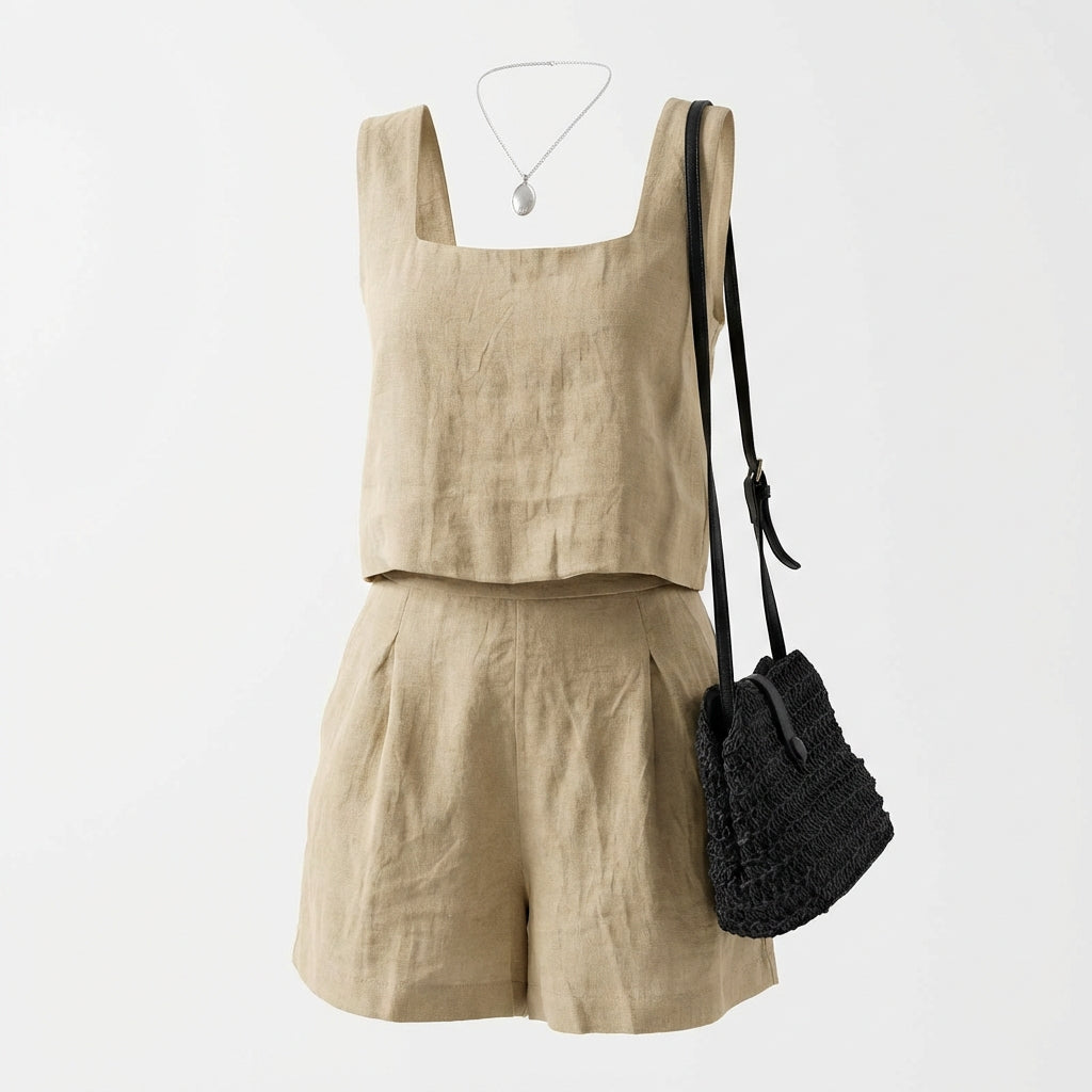 Women's 2-Piece Summer Lounge Set – Square Neck Top & Shorts Outfit