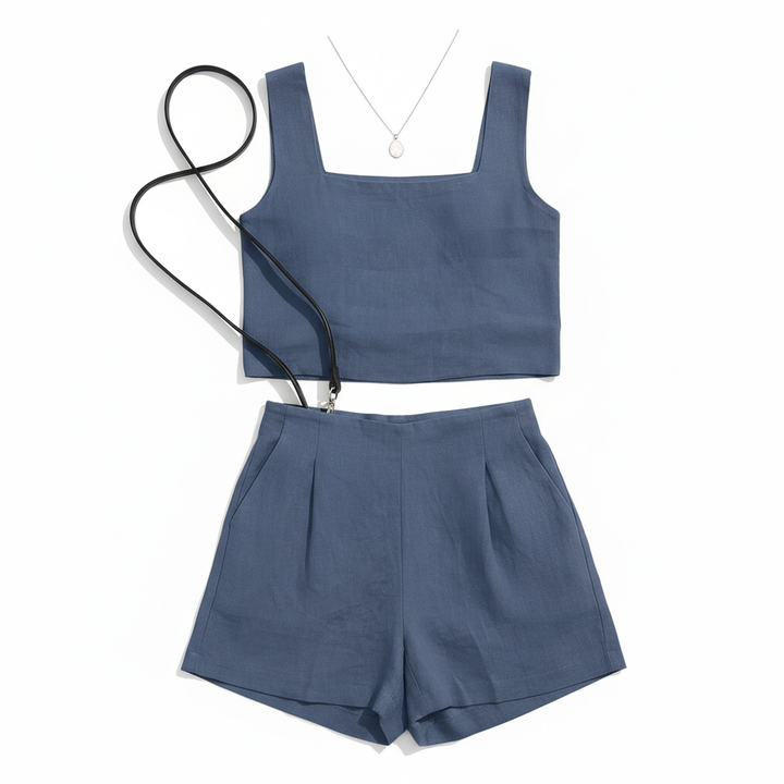 Women's 2-Piece Summer Lounge Set – Square Neck Top & Shorts Outfit