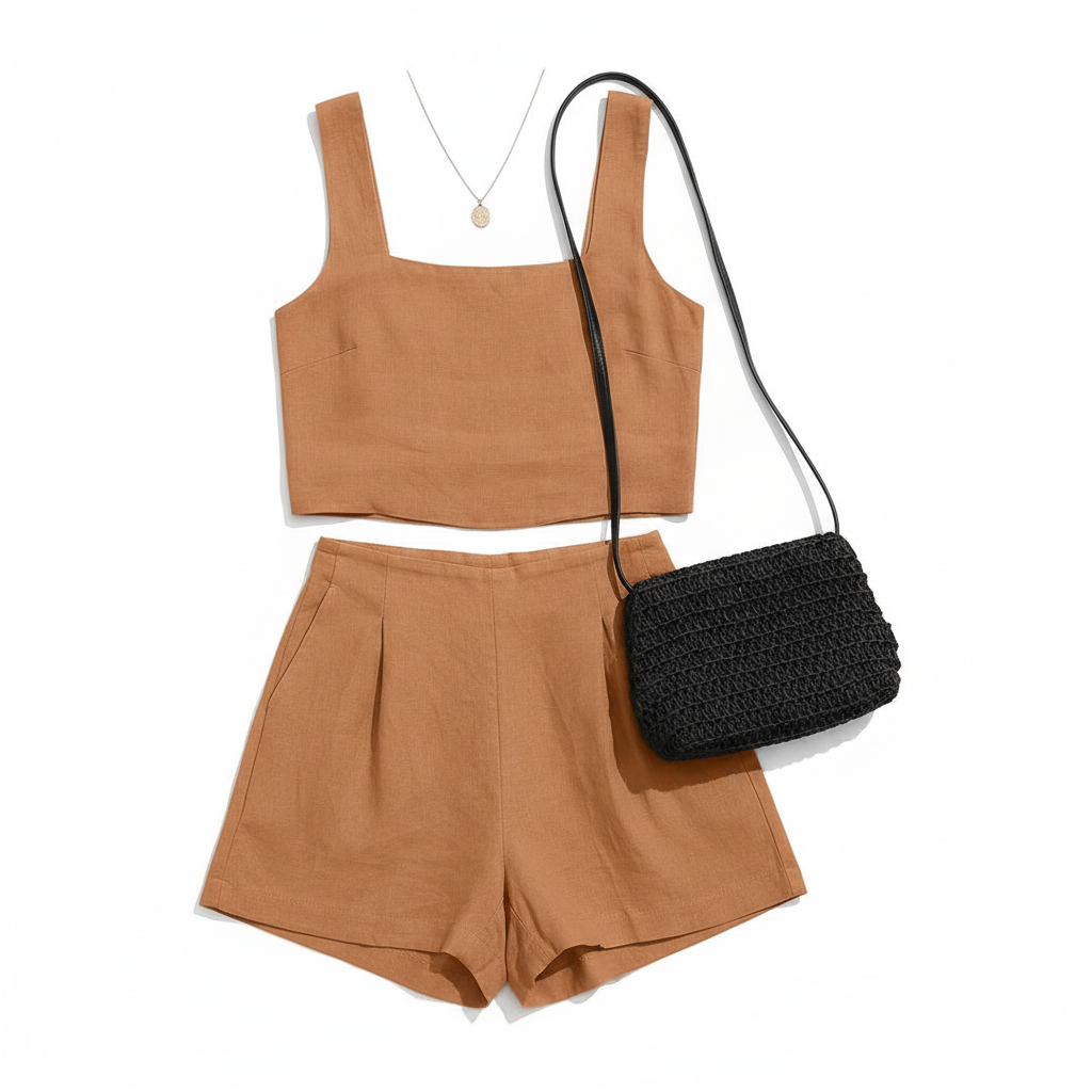 Women's 2-Piece Summer Lounge Set – Square Neck Top & Shorts Outfit