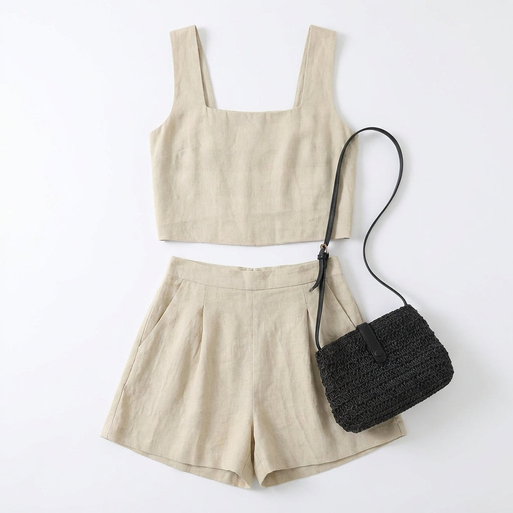 Women's 2-Piece Summer Lounge Set – Square Neck Top & Shorts Outfit