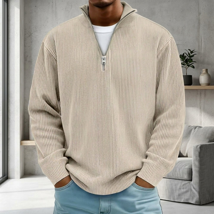 Corduroy Zipper Stand Collar Sweatshirt Fashion Warm Solid Color Long Sleeve Top Men's Casual Polo Shirt Clothing