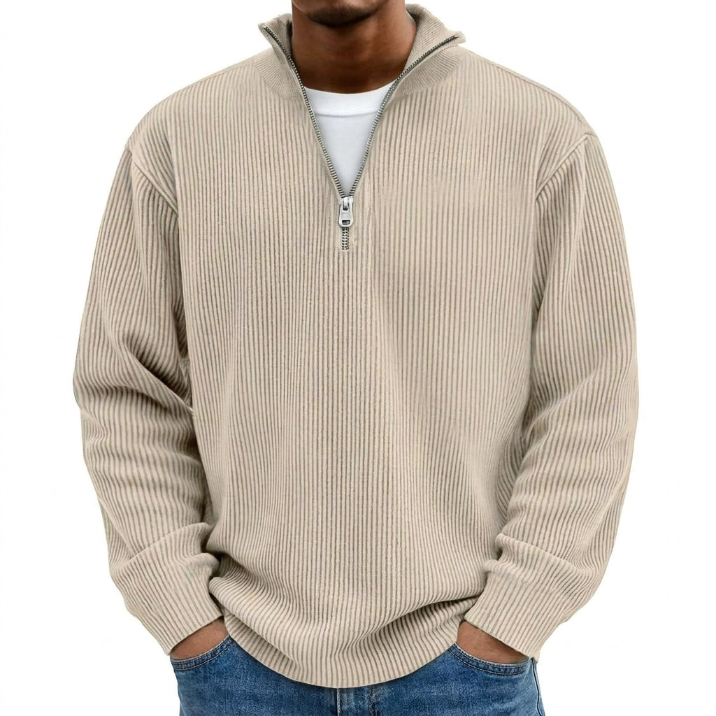 Corduroy Zipper Stand Collar Sweatshirt Fashion Warm Solid Color Long Sleeve Top Men's Casual Polo Shirt Clothing