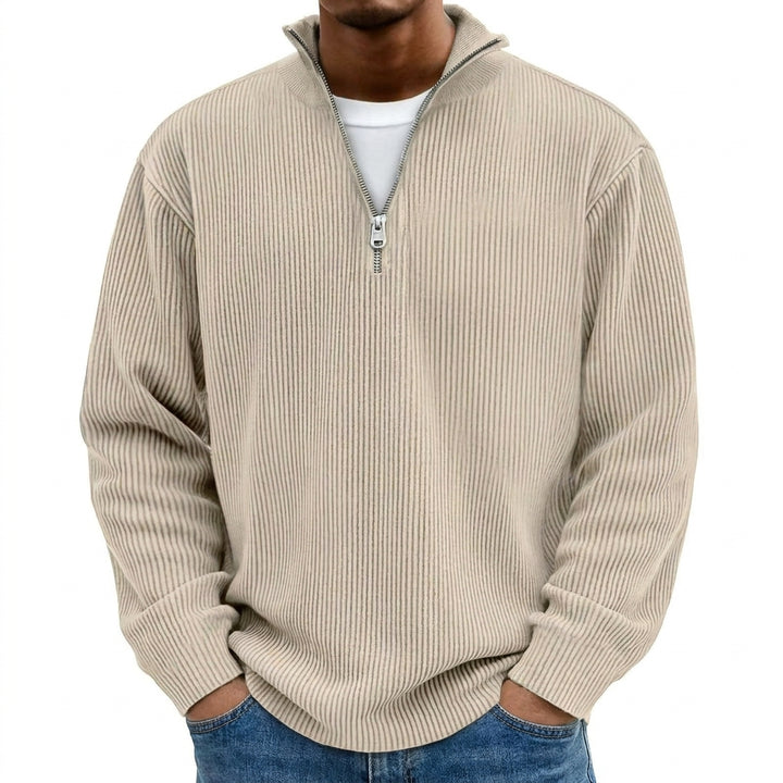 Corduroy Zipper Stand Collar Sweatshirt Fashion Warm Solid Color Long Sleeve Top Men's Casual Polo Shirt Clothing