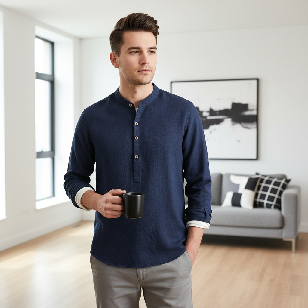 Simple Men's Casual Long Linen Sleeves Shirt Loose Solid Color
