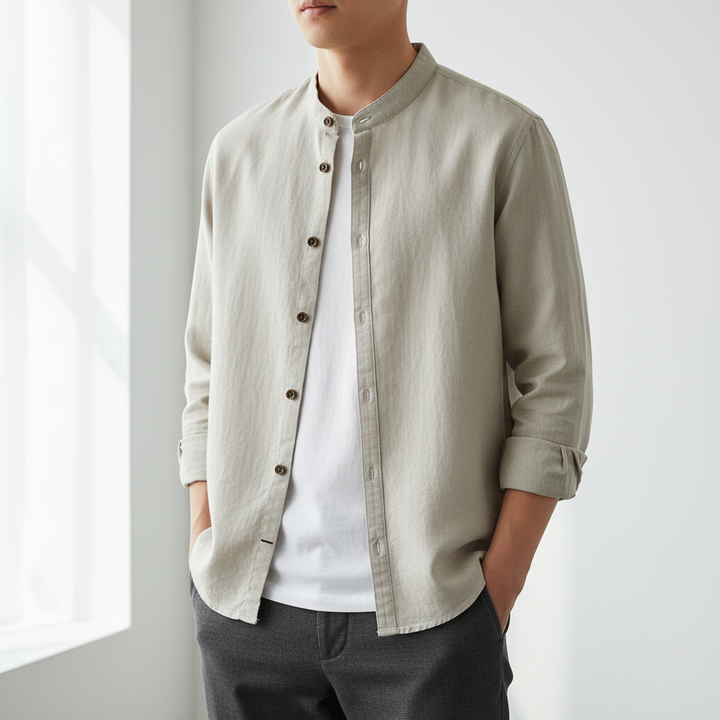 Simple Men's Casual Long Linen Sleeves Shirt Loose Solid Color