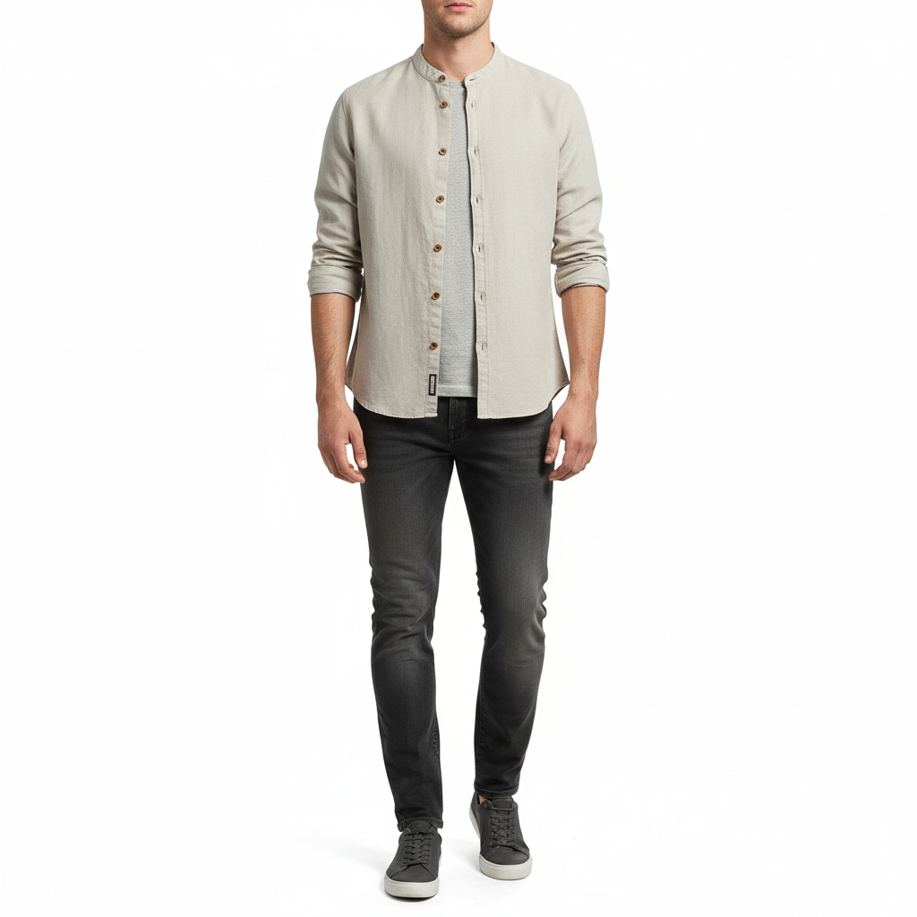 Simple Men's Casual Long Linen Sleeves Shirt Loose Solid Color