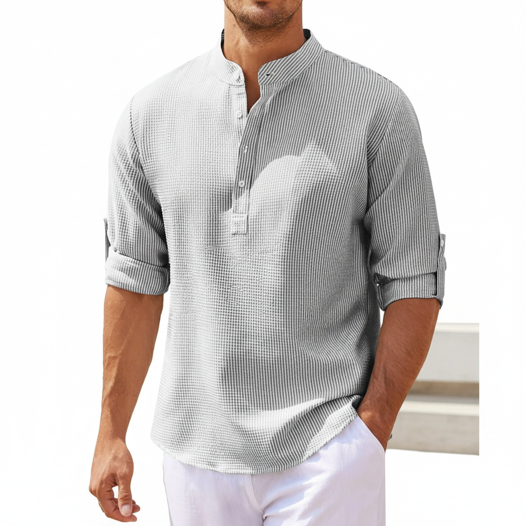 Men's Casual Shirt  Long Sleeve Stand Collar Solid Color Shirt Mens Clothing
