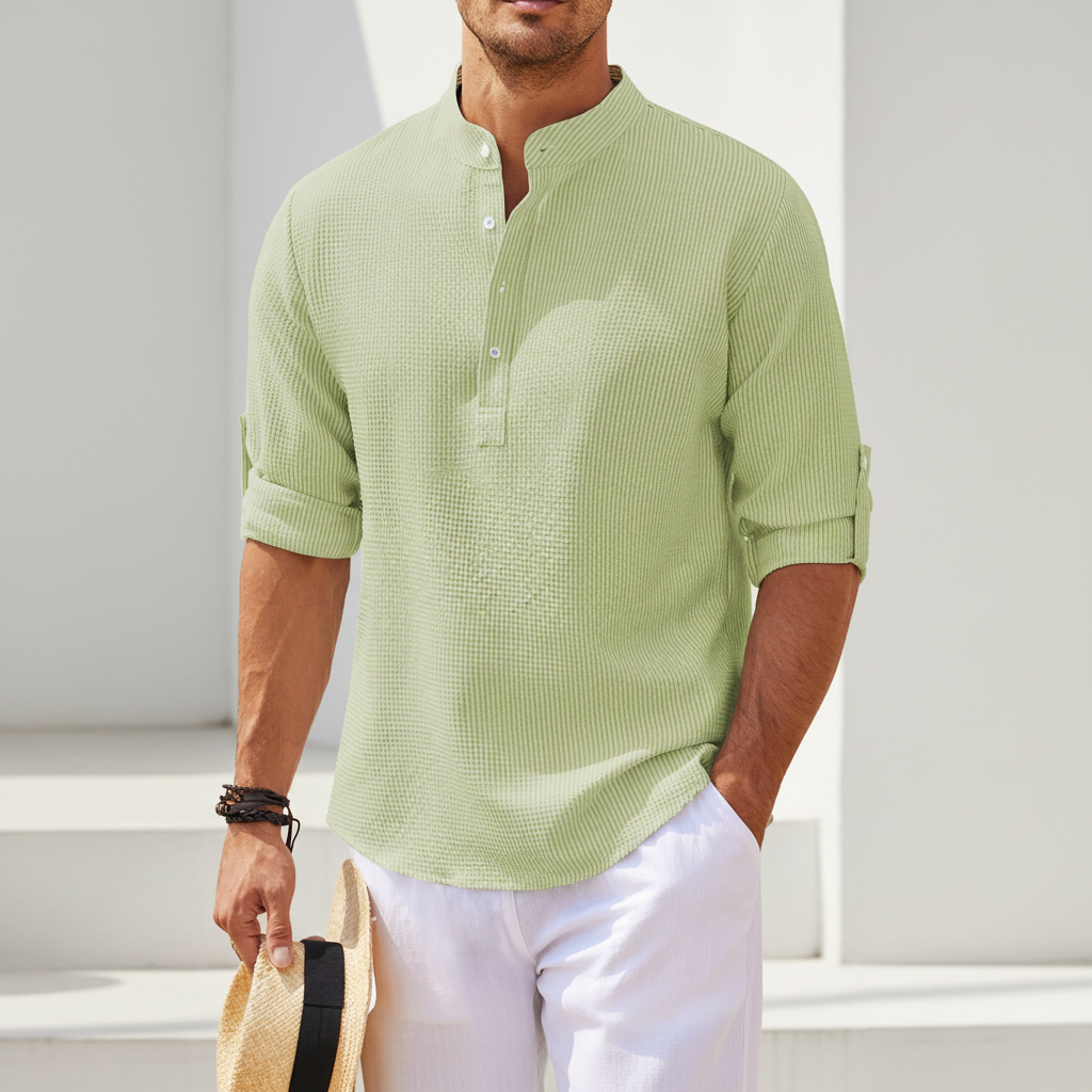 Men's Casual Shirt  Long Sleeve Stand Collar Solid Color Shirt Mens Clothing