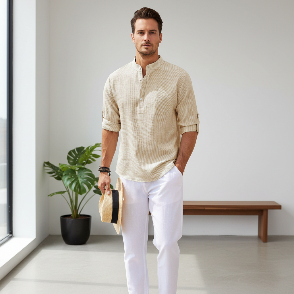 Men's Casual Shirt  Long Sleeve Stand Collar Solid Color Shirt Mens Clothing