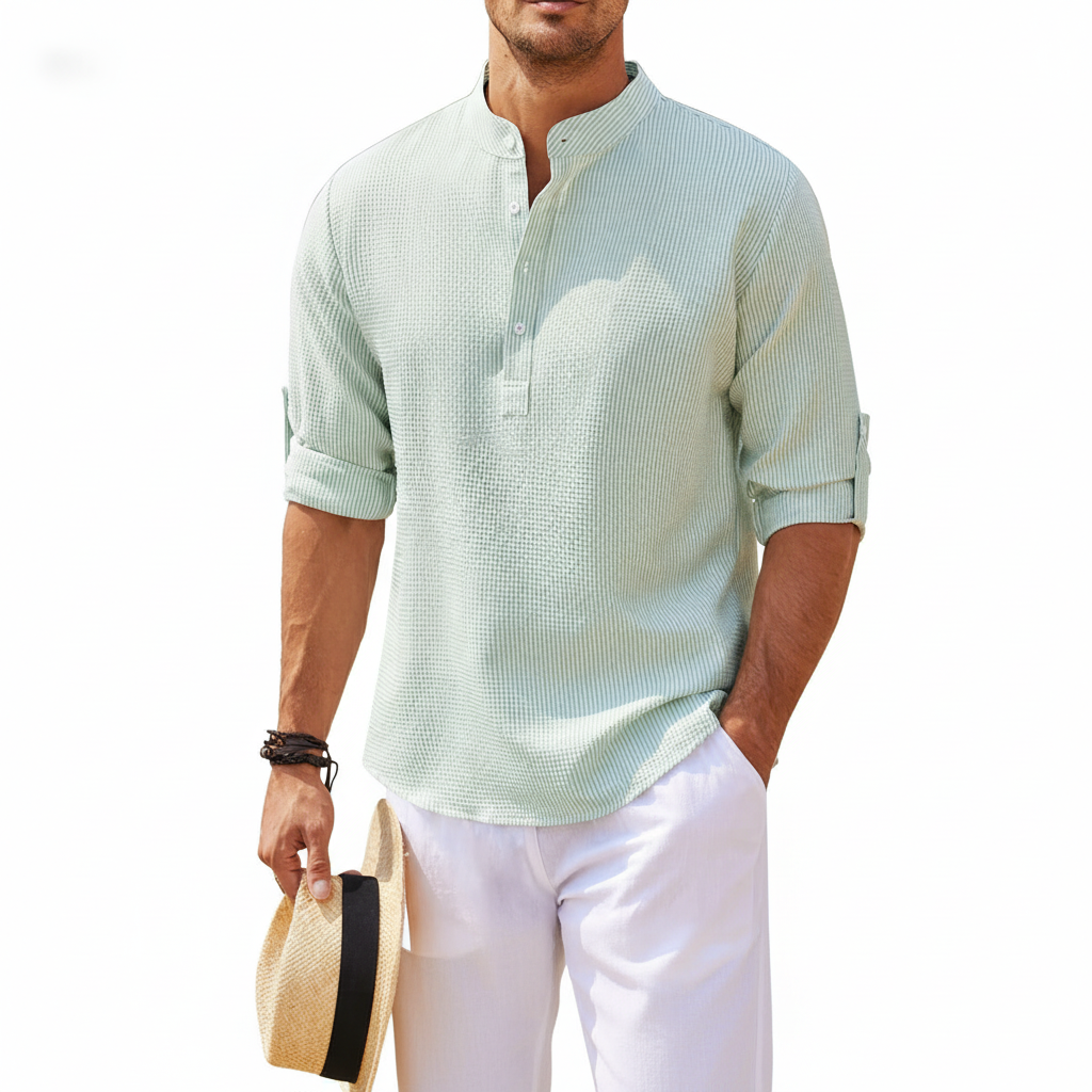 Men's Casual Shirt  Long Sleeve Stand Collar Solid Color Shirt Mens Clothing