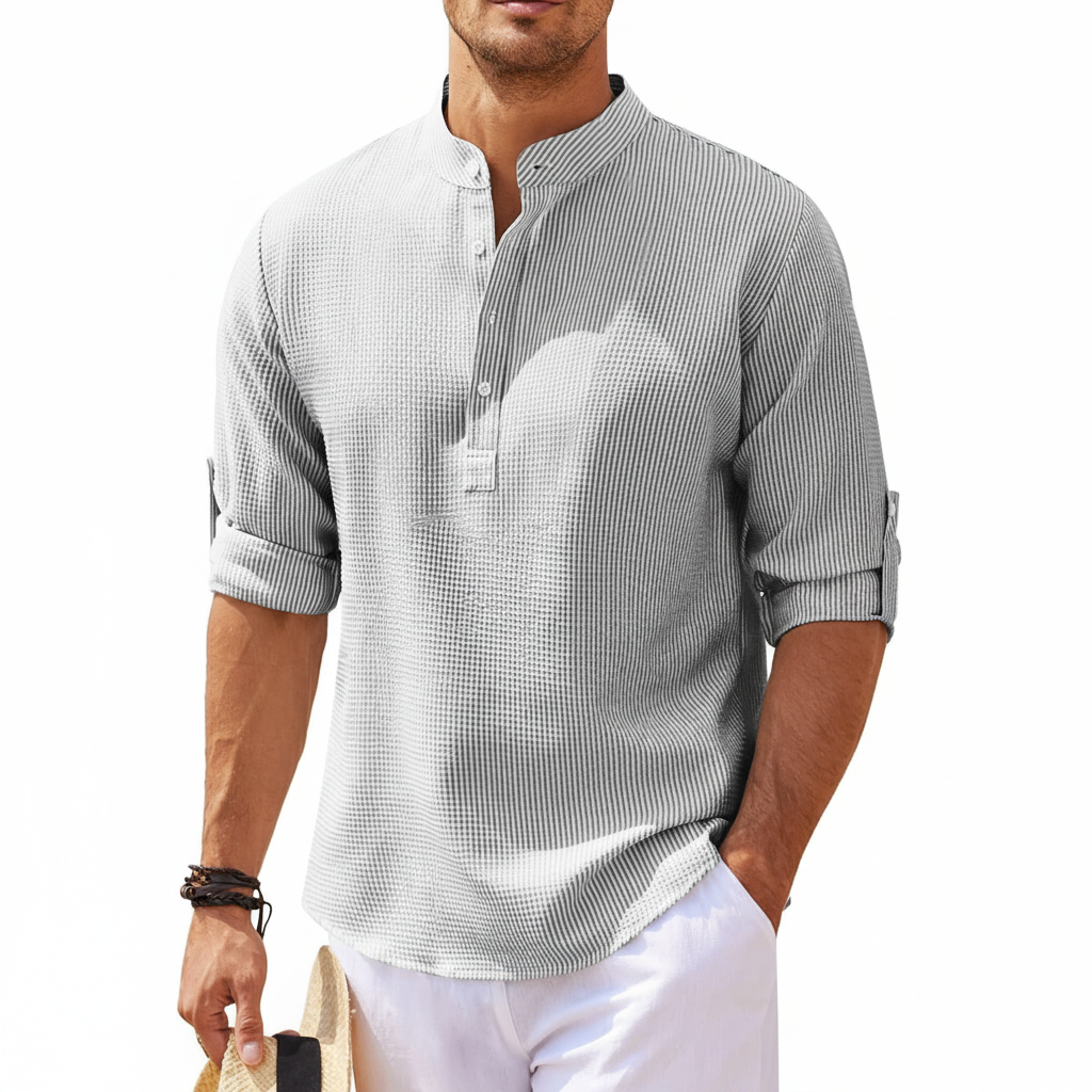 Men's Casual Shirt  Long Sleeve Stand Collar Solid Color Shirt Mens Clothing