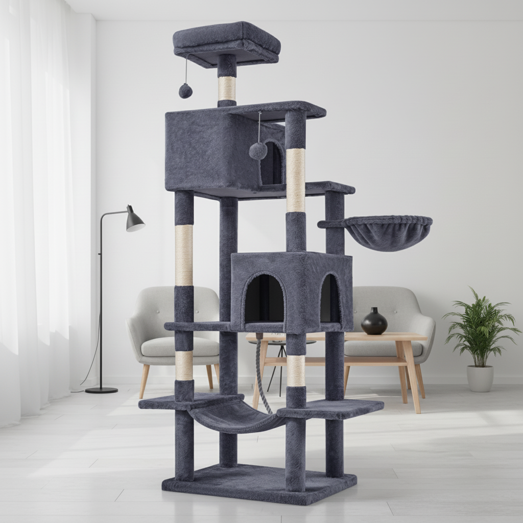 66 Inch Cat Tree Tower, Large Multi-Cat Climbing Extended Platform, Hammock, Pet House For Indoor Cats And Kittens Play