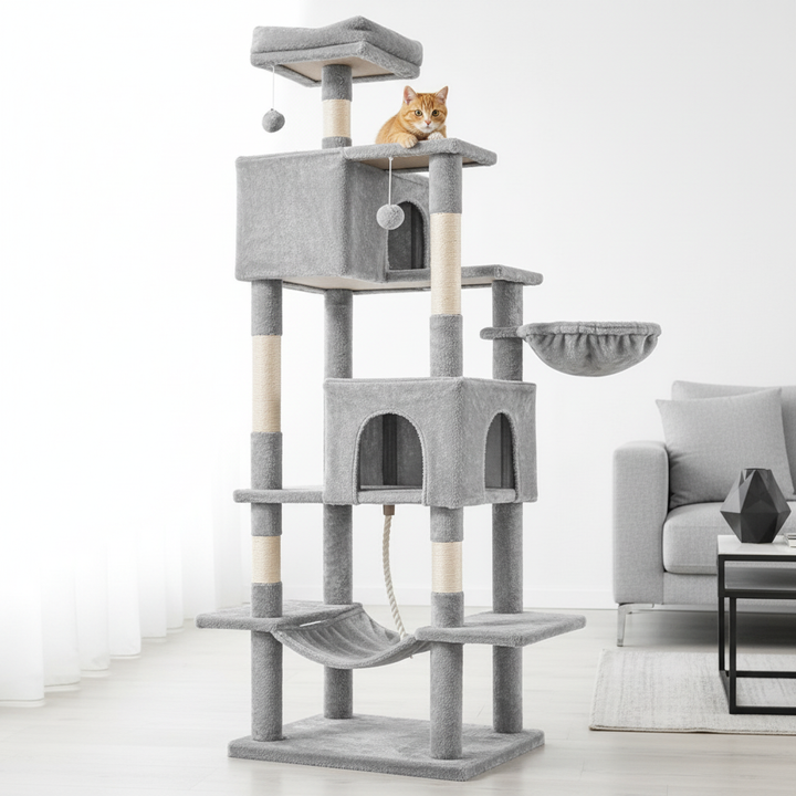 66 Inch Cat Tree Tower, Large Multi-Cat Climbing Extended Platform, Hammock, Pet House For Indoor Cats And Kittens Play