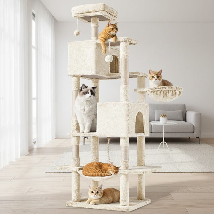 66 Inch Cat Tree Tower, Large Multi-Cat Climbing Extended Platform, Hammock, Pet House For Indoor Cats And Kittens Play