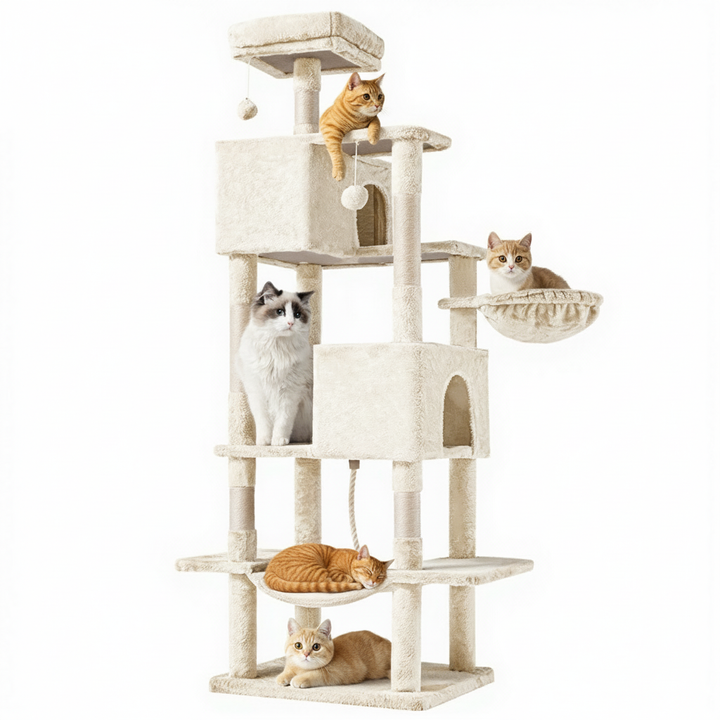 66 Inch Cat Tree Tower, Large Multi-Cat Climbing Extended Platform, Hammock, Pet House For Indoor Cats And Kittens Play