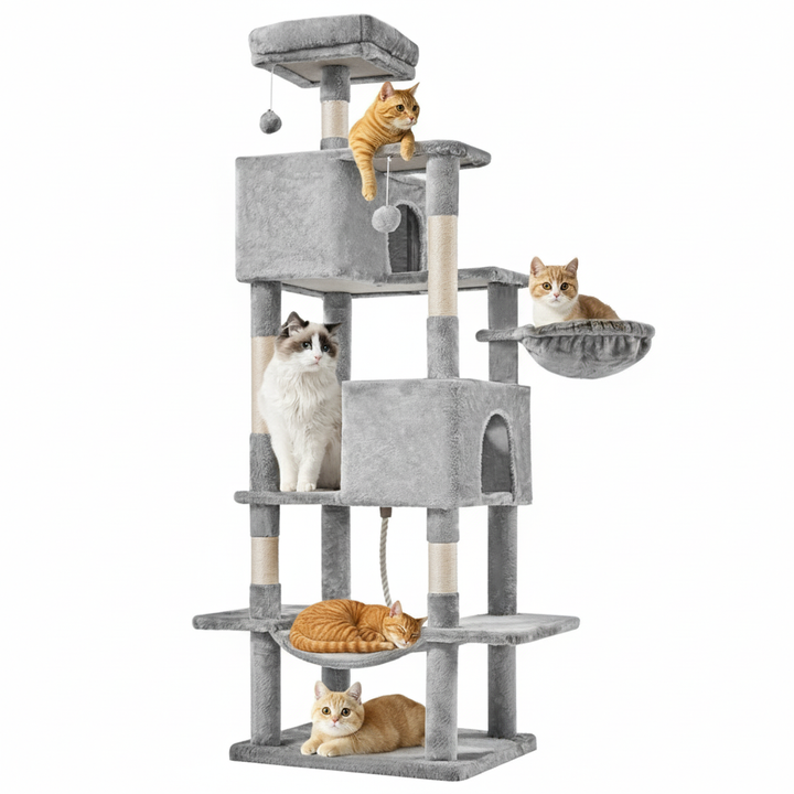 66 Inch Cat Tree Tower, Large Multi-Cat Climbing Extended Platform, Hammock, Pet House For Indoor Cats And Kittens Play