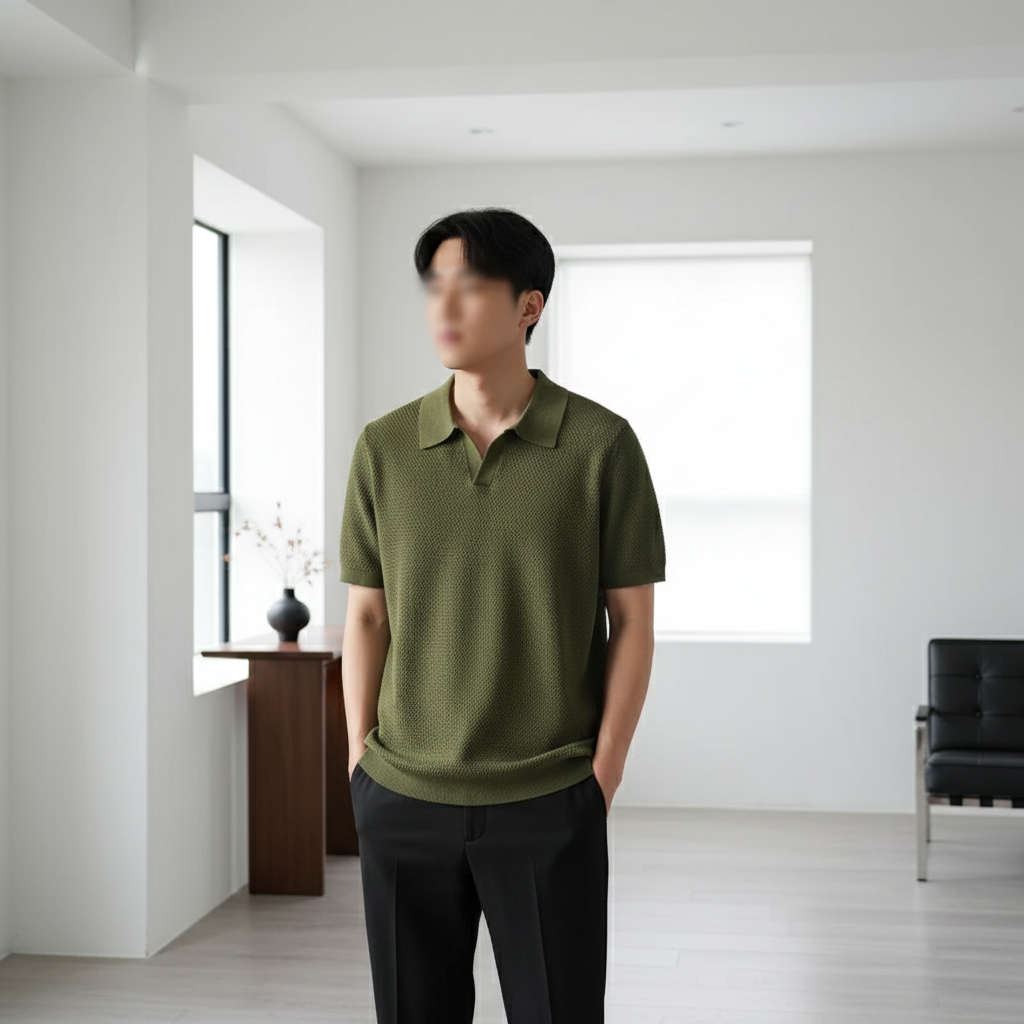 Men's V Knit Lapel Short Sleeve Top