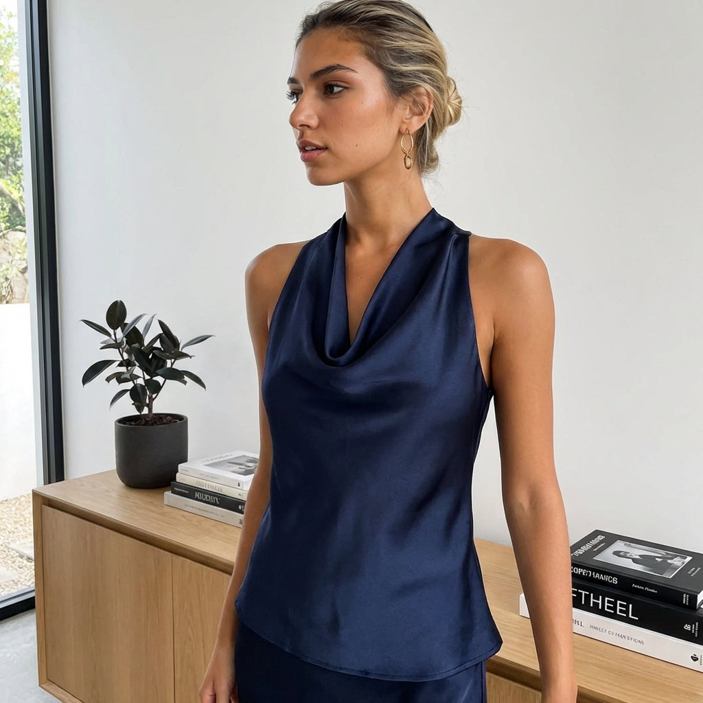 Women Solid Color Swing Collar Sleeveless Vest Trendy Elegant Shirt With Halter Neckline Backless Short Sleeve Tops Tshirts