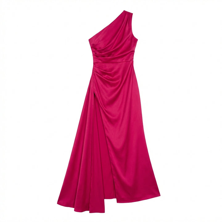 Women's One-Shoulder Backless Satin Maxi Dress – High Slit Elegant Bodycon Evening Dress
