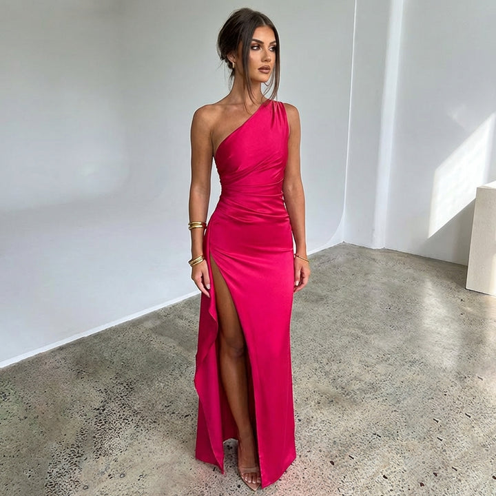 Women's One-Shoulder Backless Satin Maxi Dress – High Slit Elegant Bodycon Evening Dress