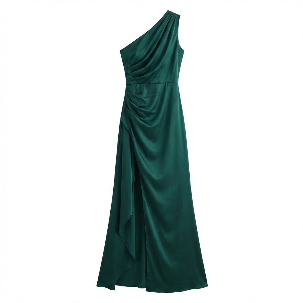 Women's One-Shoulder Backless Satin Maxi Dress – High Slit Elegant Bodycon Evening Dress