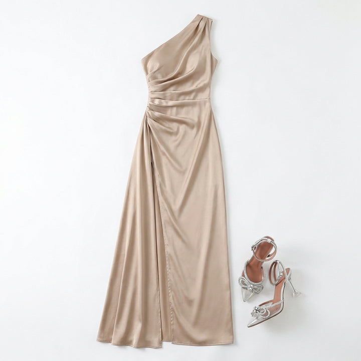 Women's One-Shoulder Backless Satin Maxi Dress – High Slit Elegant Bodycon Evening Dress