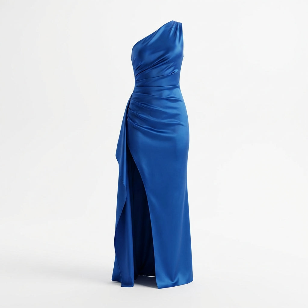 Women's One-Shoulder Backless Satin Maxi Dress – High Slit Elegant Bodycon Evening Dress