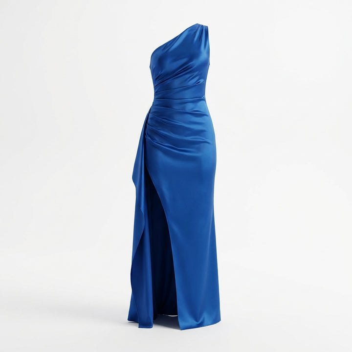 Women's One-Shoulder Backless Satin Maxi Dress – High Slit Elegant Bodycon Evening Dress