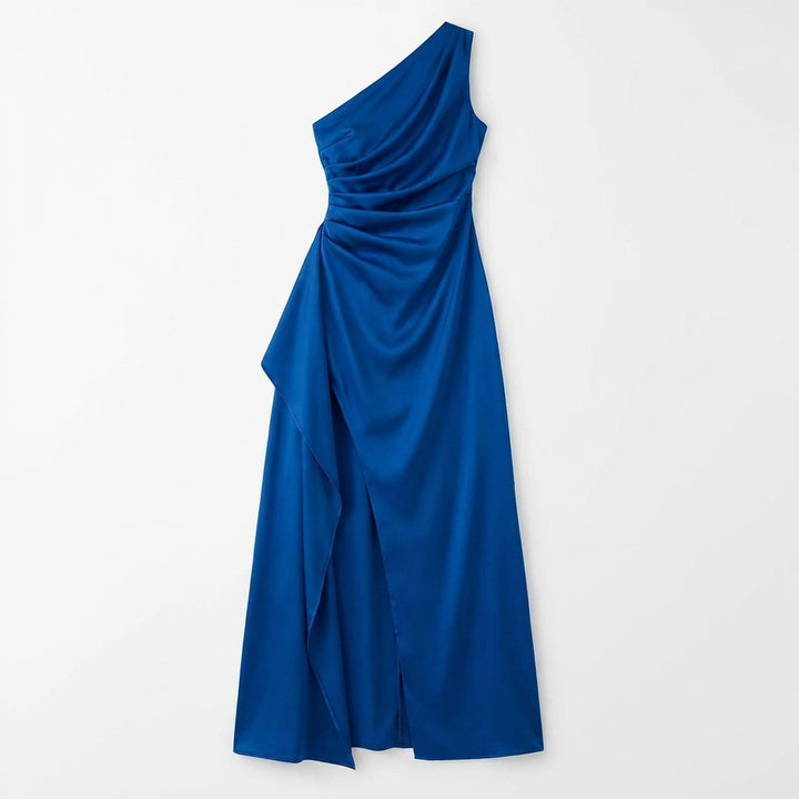 Women's One-Shoulder Backless Satin Maxi Dress – High Slit Elegant Bodycon Evening Dress