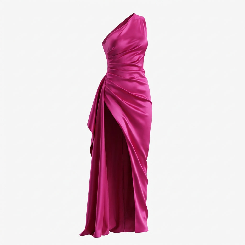 Women's One-Shoulder Backless Satin Maxi Dress – High Slit Elegant Bodycon Evening Dress