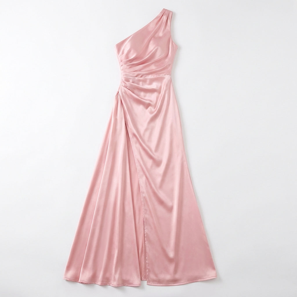 Women's One-Shoulder Backless Satin Maxi Dress – High Slit Elegant Bodycon Evening Dress