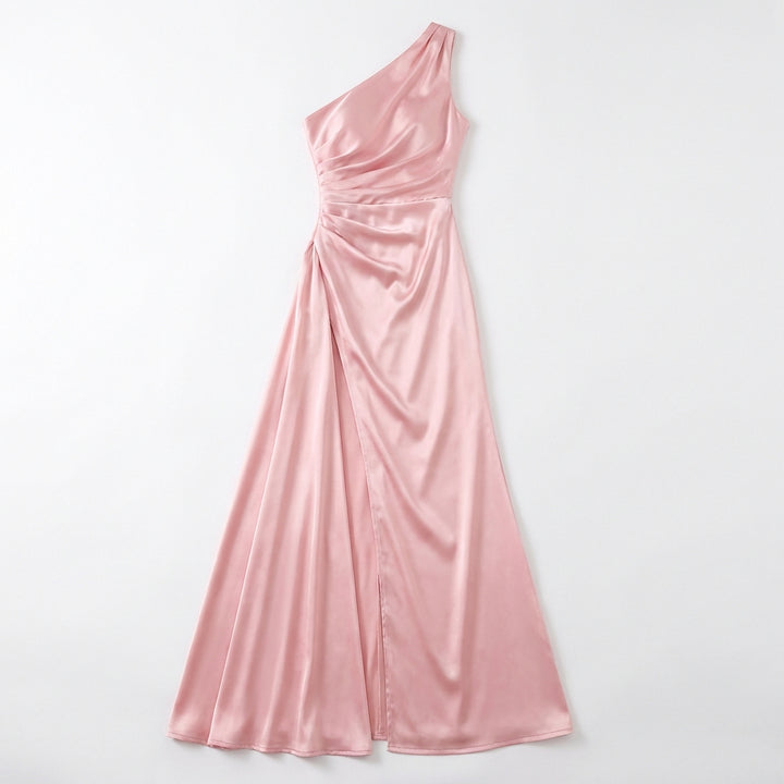 Women's One-Shoulder Backless Satin Maxi Dress – High Slit Elegant Bodycon Evening Dress