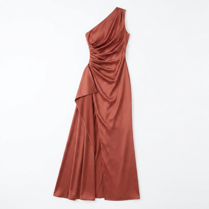 Women's One-Shoulder Backless Satin Maxi Dress – High Slit Elegant Bodycon Evening Dress