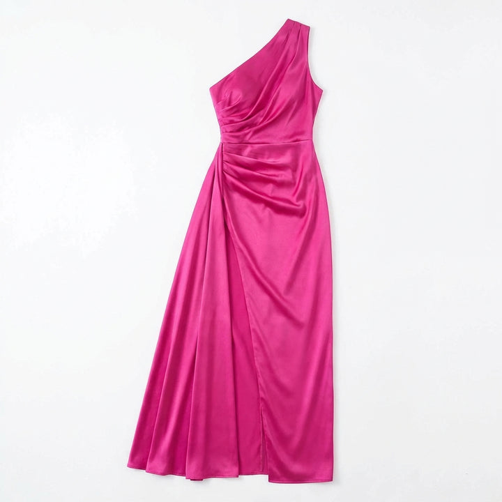 Women's One-Shoulder Backless Satin Maxi Dress – High Slit Elegant Bodycon Evening Dress