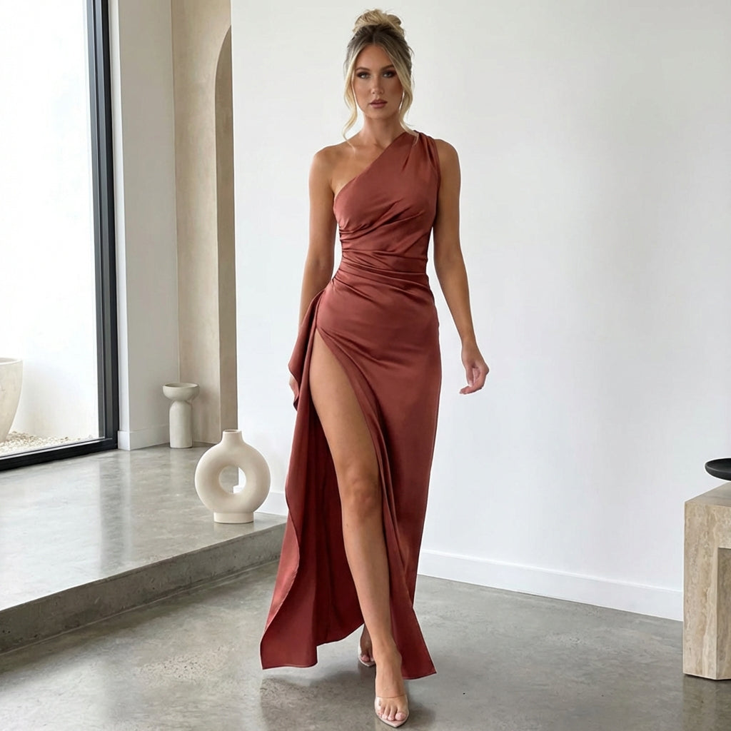 Women's One-Shoulder Backless Satin Maxi Dress – High Slit Elegant Bodycon Evening Dress
