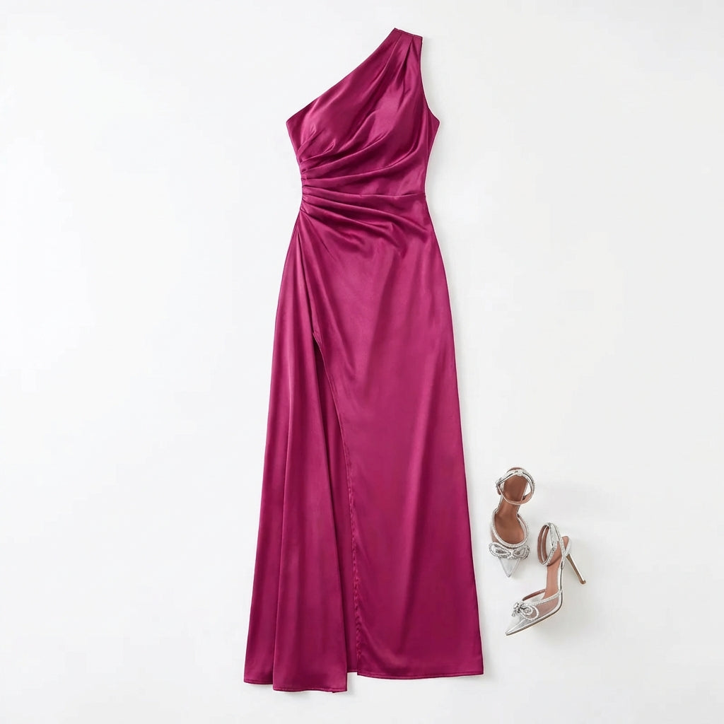 Women's One-Shoulder Backless Satin Maxi Dress – High Slit Elegant Bodycon Evening Dress
